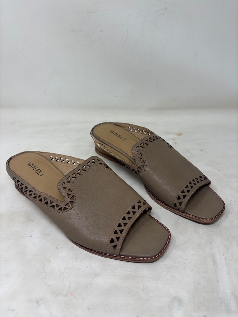 Vaneli Taupe Open-Toe Leather Slide Mules